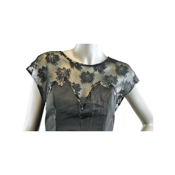 Vintage 1980s Orleon de Paris Black Dress with Floral Lace and Sequins Medium - Picture 2 of 6